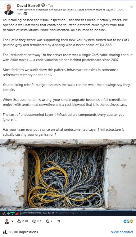 LinkedIn post by David Barrett about undocumented wall cavity cabling showing 83,110 impressions, 230 reactions, 87 comments and 7 reposts